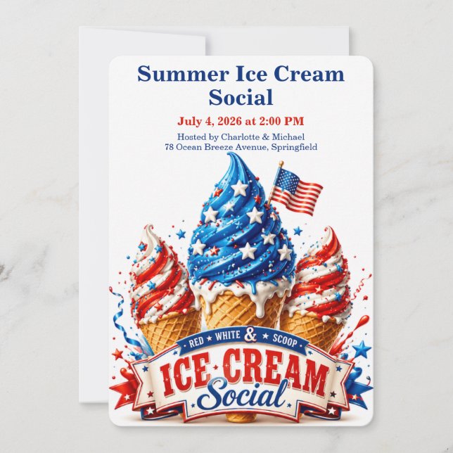 Patriotic Ice Cream Social - Red White and Blue  Invitation (Front)