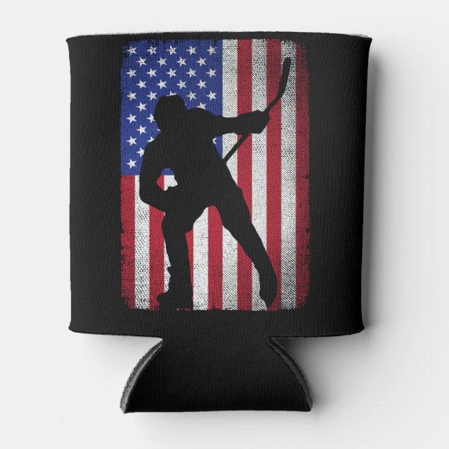 Patriotic Ice Hockey 4th of July USA American Flag Can Cooler (Front)