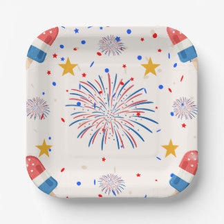 Patriotic Ice Pops & Fireworks Pattern | Red White Paper Plate