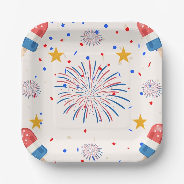 Patriotic Ice Pops & Fireworks Pattern | Red White Paper Plate (Front)