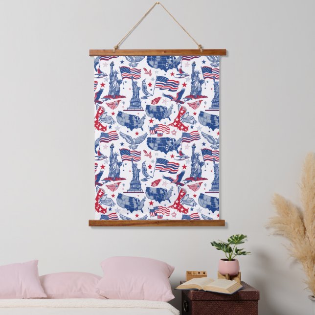 Patriotic Icons Pattern – Statue of Liberty, Flag Hanging Tapestry (Bedroom)
