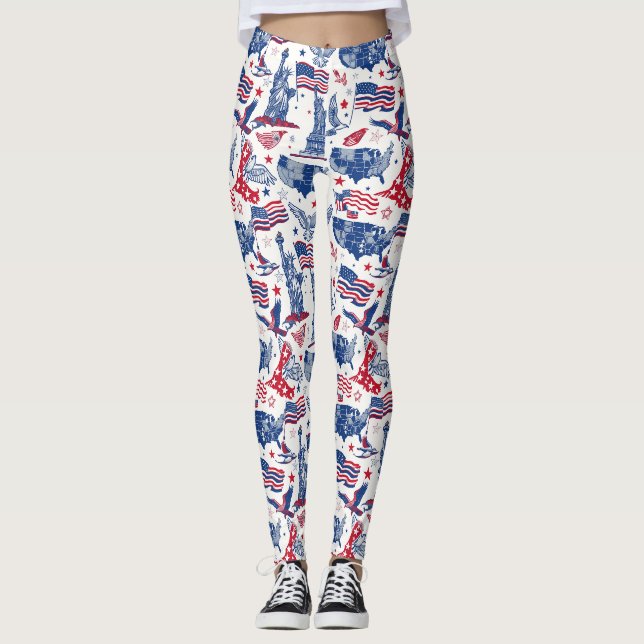 Patriotic Icons Pattern – Statue of Liberty, Flag Leggings (Front)