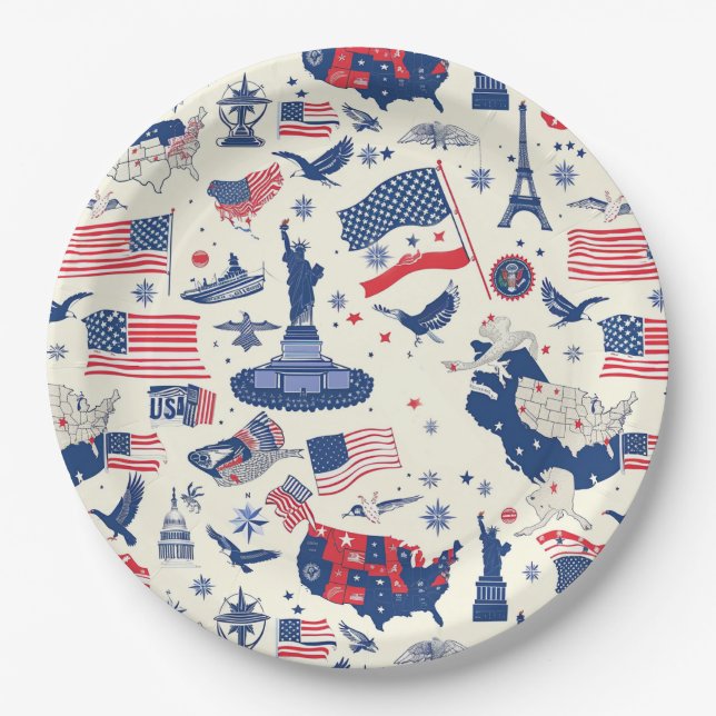 Patriotic Icons - Statue of Liberty, Flag (2) Paper Plate (Front)