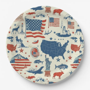 Patriotic Icons - Statue of Liberty, Flag (3) Paper Plate