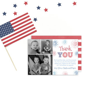 Patriotic Independence Day Fireworks Twins Photo Thank You Card