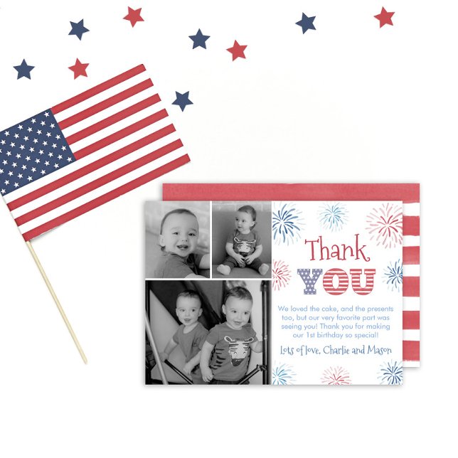 Patriotic Independence Day Fireworks Twins Photo Thank You Card (Creator Uploaded)