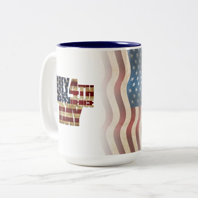 Patriotic July 4th Flag Design Two-Tone Coffee Mug (Front Left)