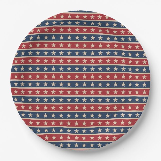Patriotic July 4th Memorial Day Red Blue Stars Paper Plate (Front)