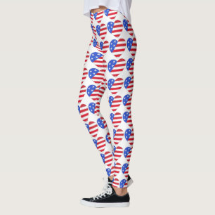Patriotic July 4th USA Flag Heart Red White & Blue Leggings