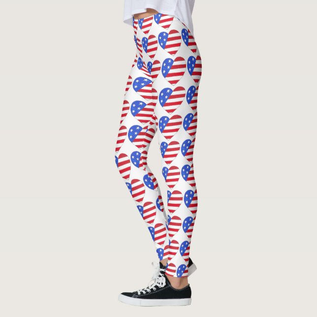 Patriotic July 4th USA Flag Heart Red White & Blue Leggings (Left)