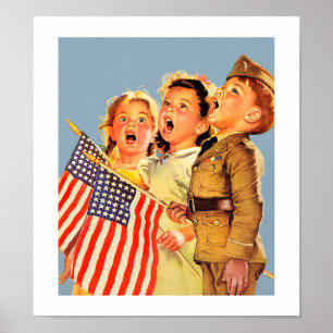 Patriotic Kids 1940s Vintage Magazine Illustration Poster