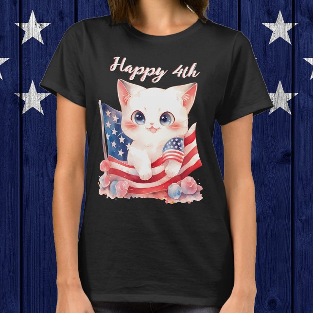Patriotic Kitten 4th of July Happy 4th Custom T-Shirt (Patriotic Kitten 4th of July Happy 4th Custom T-Shirt)