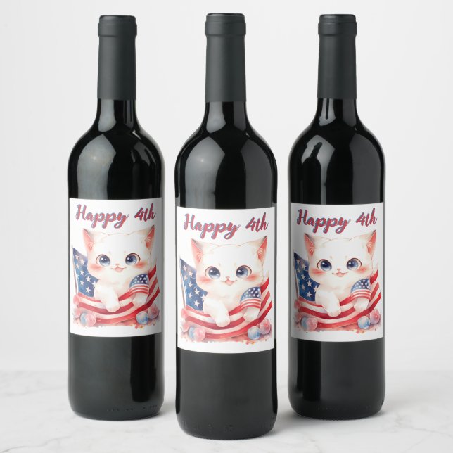 Patriotic Kitten 4th of July Happy 4th Custom Wine Label (Bottles)