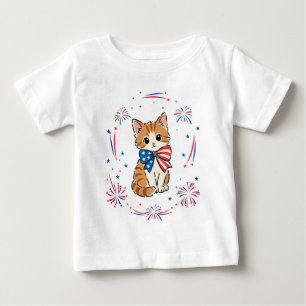 Patriotic Kitten Fireworks – Red White Blue Bow Baby T-Shirt