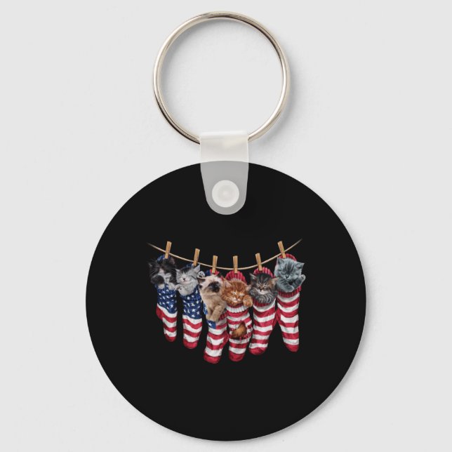 Patriotic Kittens In Aamerican Flag Socks Funny Key Ring (Front)