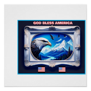 Patriotic Landscape With Bald Eagle Flags Mountain Poster