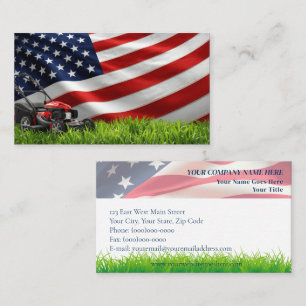 Patriotic Lawn Care – American Flag & Grass Mower Business Card