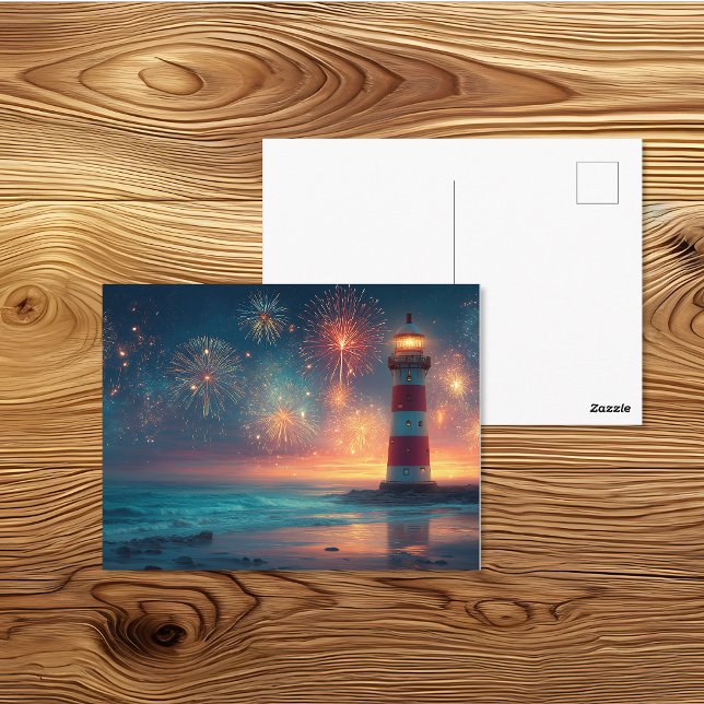 Patriotic Lighthouse Night Fireworks Art Postcard (Creator Uploaded)