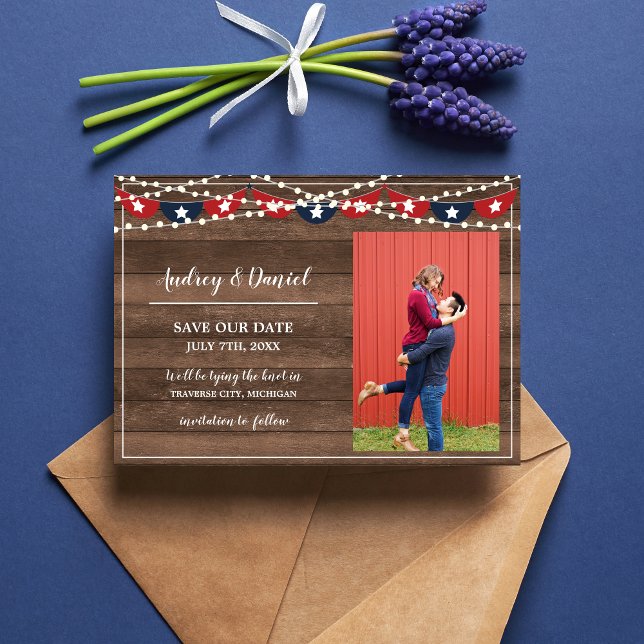 Patriotic Lights Frame July Fourth Banner Wedding Save The Date (Creator Uploaded)