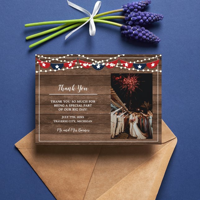Patriotic Lights Frame July Fourth Banner Wedding Thank You Card (Creator Uploaded)
