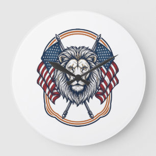 Patriotic Lion with American Flags Vintage Large Clock