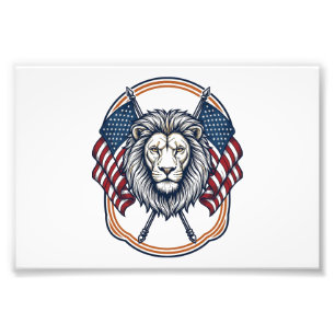 Patriotic Lion with American Flags Vintage Photo Print