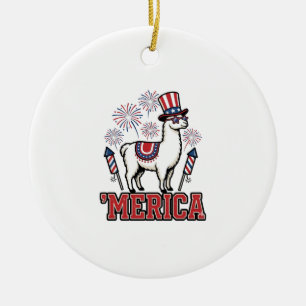 Patriotic Llama Merica Vintage Vector Design_1 Ceramic Tree Decoration