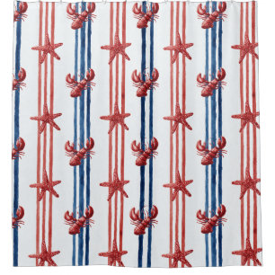 Patriotic Lobster Red White Blue Stars (1) Shower Curtain