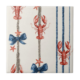 Patriotic Lobster Red White Blue Stars (1) Tile