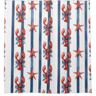 Patriotic Lobster Red White Blue Stars (2) Shower Curtain