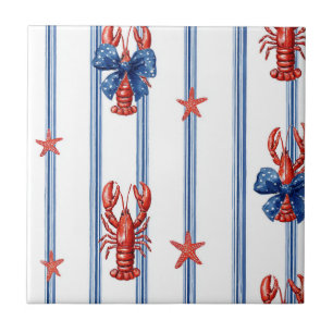 Patriotic Lobster Red White Blue Stars (3) Tile