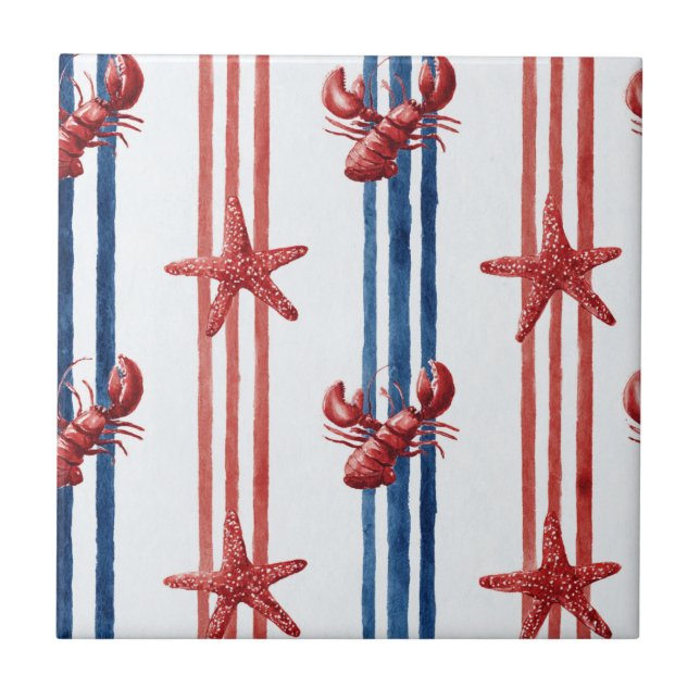 Patriotic Lobster Red White Blue Stars (5) Tile (Front)