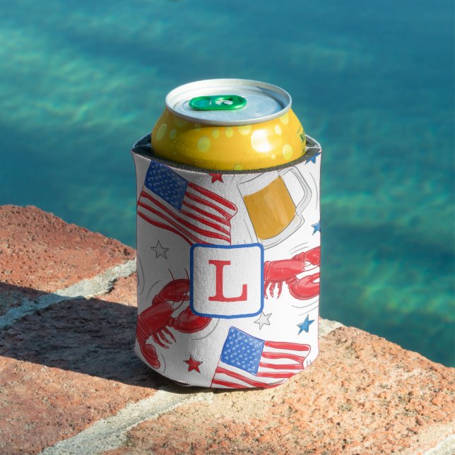 Patriotic Lobsters Beer & Stars Monogram Can Cooler (In Situ Pool)