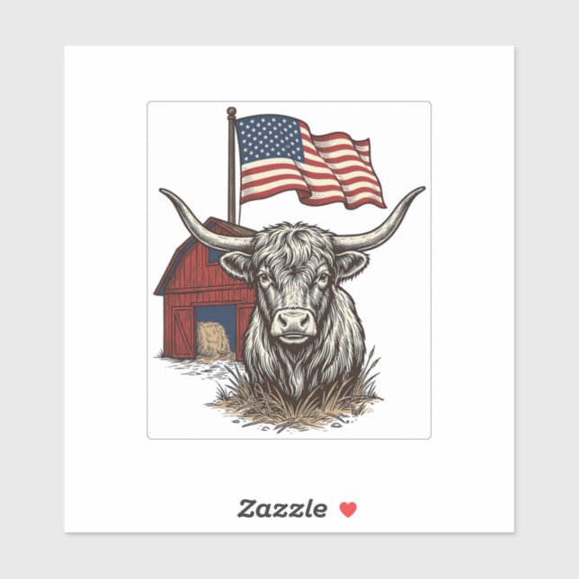 Patriotic Longhorn Cow and Red Barn Vector Design_ (Sheet)