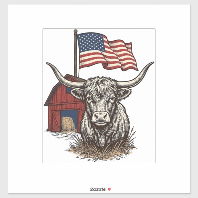 Patriotic Longhorn Cow and Red Barn Vector Design_ (Sheet)