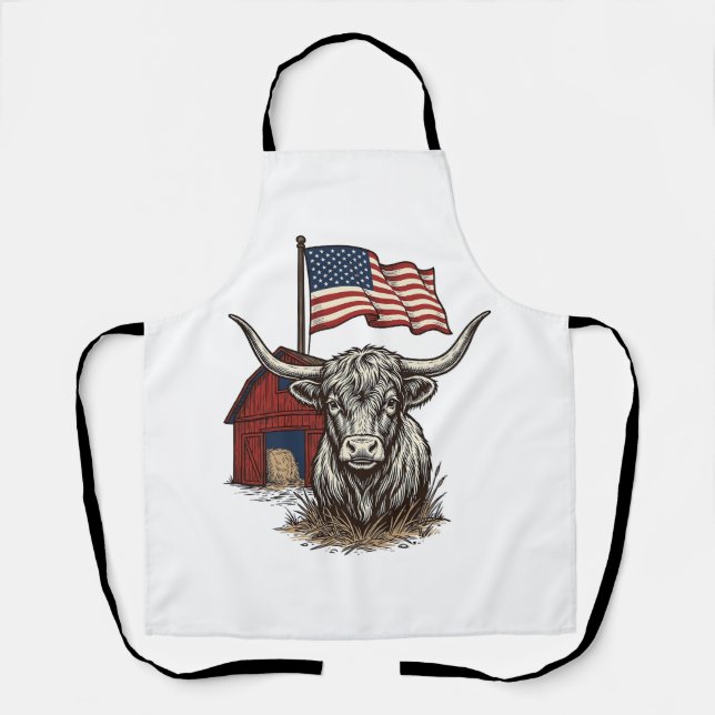 Patriotic Longhorn Cow and Red Barn Vector Design_ Apron (Front)