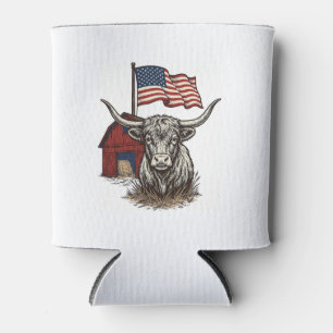 Patriotic Longhorn Cow and Red Barn Vector Design_ Can Cooler