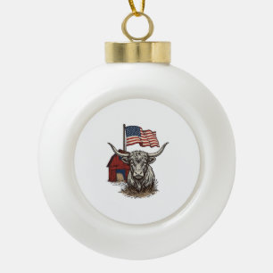 Patriotic Longhorn Cow and Red Barn Vector Design_ Ceramic Ball Christmas Ornament