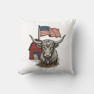 Patriotic Longhorn Cow and Red Barn Vector Design_ Cushion