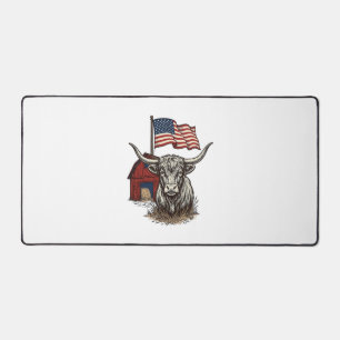 Patriotic Longhorn Cow and Red Barn Vector Design_ Desk Mat