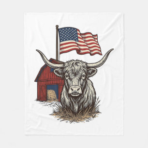 Patriotic Longhorn Cow and Red Barn Vector Design_ Fleece Blanket