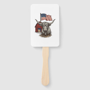 Patriotic Longhorn Cow and Red Barn Vector Design_ Hand Fan