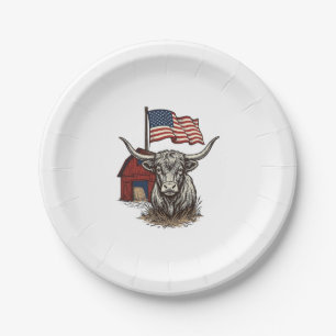 Patriotic Longhorn Cow and Red Barn Vector Design_ Paper Plate