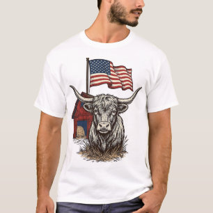 Patriotic Longhorn Cow and Red Barn Vector Design_ T-Shirt