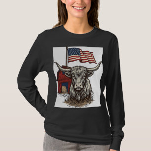 Patriotic Longhorn Cow and Red Barn Vector Design_ T-Shirt