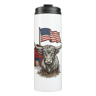 Patriotic Longhorn Cow and Red Barn Vector Design_ Thermal Tumbler