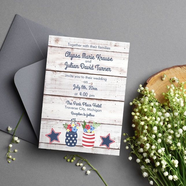 Patriotic Love Rustic Fourth of July Wedding Invitation (Creator Uploaded)