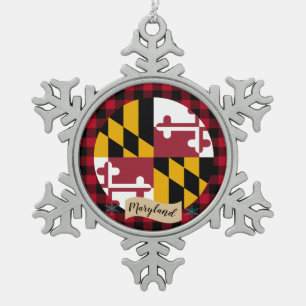 Patriotic Maryland, buffalo plaid, Maryland Flag Snowflake Pewter Christmas Ornament