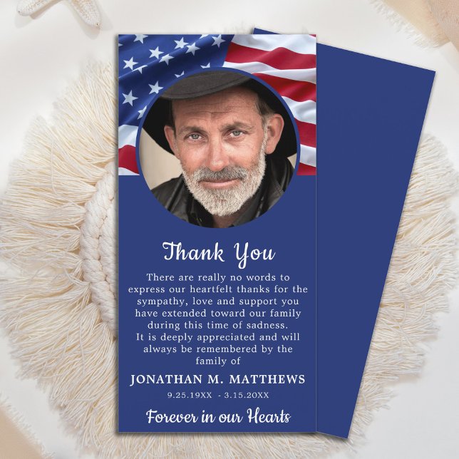 Patriotic Memorial USA Flag Photo Military Funeral Thank You Card (Creator Uploaded)