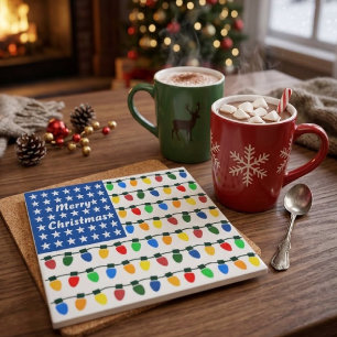Patriotic Merry Christmas Holiday Light Bulbs Flag Tile